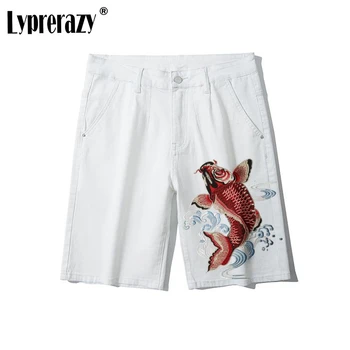 Повседневные мужские шорты с вышивкой в виде рыбы Кои, летние Свободные прямые джинсовые шорты в китайском стиле