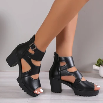 Размер 35-40; Элегантные туфли на массивной платформе; Женские летние Черные кожаные сандалии-гладиаторы на высоком каблуке; Офисная обувь для матери;