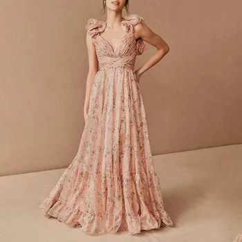 Розовое вечернее платье с оборками и гофрировкой, элегантные женские бальные платья с цветочным принтом