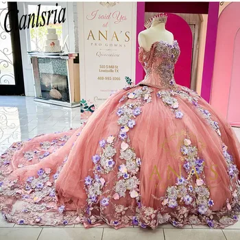Розовые пышные платья в мексиканском стиле, кружевные пышные бальные платья с аппликацией с открытыми плечами, роскошные Vestidos De XV Anos