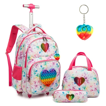 Рюкзак на колесиках для девочек, рюкзаки на колесиках для учащихся начальной школы, дорожный багаж на тележке на колесиках с коробкой для ланча, пенал для карандашей