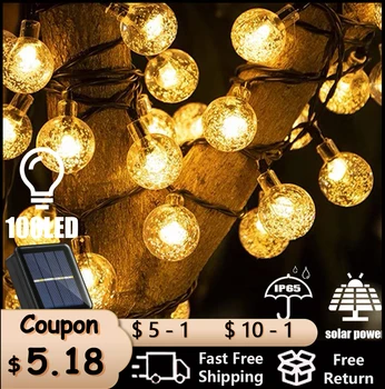 Светодиодные солнечные струнные фонари Наружные водонепроницаемые 100 светодиодные хрустальные глобусы с 8 режимами сказочного освещения для декора вечеринки в саду Рамадан