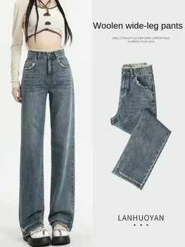 Свободные прямые джинсы, женские трендовые джинсы с высокой талией и бахромой, джинсовые свободные брюки Y2K, повседневные удобные брюки оптом