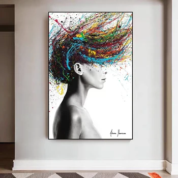 Современная обнаженная девушка с разноцветными волосами, абстрактная картина на холсте, домашний декор, плакаты, принты для гостиной, спальни, настенное искусство в проходе.