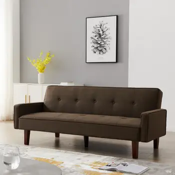 Современный льняной диван, раскладной диван-кровать с подлокотниками, ножками из массива дерева и пластиковыми центральными ножками
