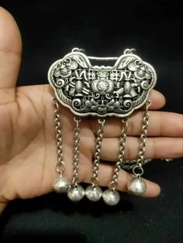 Старинное китайское ожерелье-подвеска из стерлингового серебра с витиеватой гравировкой и безопасным замком