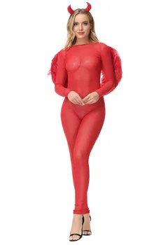 Форма для косплея Red Devil для женщин Сексуальное боди с крыльями Головной убор Хэллоуин Вечеринка Демон Ангел Комбинезон Сценический костюм