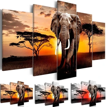 Ходячий слон, Закат, Африканские луга, пейзажи, холст, плакаты и принты, настенное искусство, домашний декор Без рамки