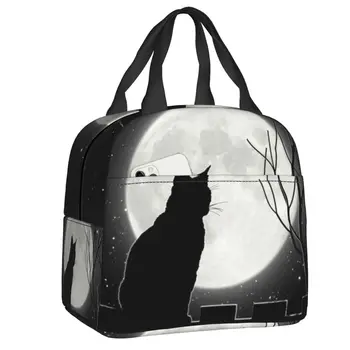 Черная кошка, смотрящая на Полную Луну, изолированная сумка для ланча для женщин, портативный термоохладитель с изображением животных, коробка для Бенто