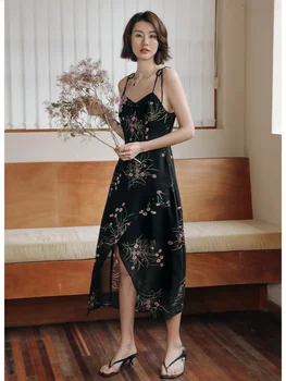 Черное платье-комбинация с цветочным рисунком, шифоновое платье с улучшенным темпераментом, Женская летняя длинная юбка для французского отдыха, Пляжная юбка