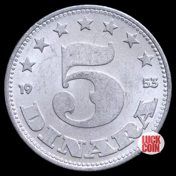 Югославия 1953-63 Алюминиевые монеты номиналом 5 Динаров мм 2-я версия Год выпуска старой монеты Случайный 100% оригинал