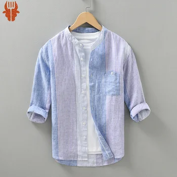 Японская минималистичная мужская льняная рубашка в вертикальную полоску с рукавами три четверти Летние Тонкие мужские топы из чистого льна