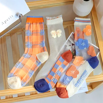 1 Пара тонких прозрачных чулок с кристаллами, стеклянные шелковые носки с японскими сказочными цветами и бантом для женщин, летние дышащие носки