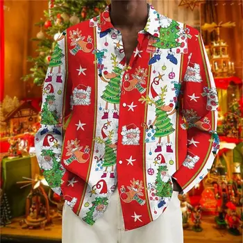 2023 Мужские Рождественские рубашки, Топы, Длинные Рождественские футболки с графическим принтом, Летние гавайские рубашки с отворотом, Праздничная одежда большого размера