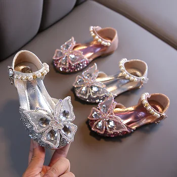 2023 Новая детская вечеринка, свадебная детская обувь, Детская обувь с блестками, кружевным бантом, милая обувь для танцев принцессы с жемчугом, повседневная обувь для девочек