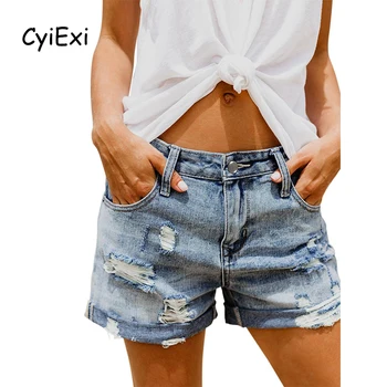 CyiExi Летние Винтажные выцветшие женские джинсовые шорты, женские джинсовые шорты с закатанными манжетами, большие размеры, женские короткие брюки с дырками
