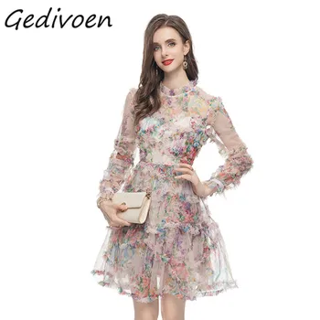 Gedivoen Летнее Модное дизайнерское сетчатое платье в богемном стиле с перспективой, женское мини-платье с круглым вырезом и оборками, с принтом для пляжной вечеринки.