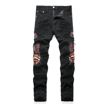 Harakuju Embroidery Y2K Повседневные джинсовые брюки Уличная одежда, выстиранные винтажные джинсовые брюки для мужчин в стиле пэчворк