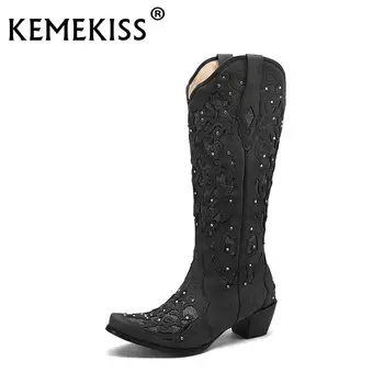 KemeKiss, Размер 34-43, Женские сапоги в стиле Вестерн с вышивкой стразами, широкие, выше колена, на танкетке, без застежки, винтажные ковбойские пинетки