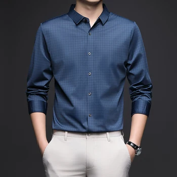 Minglu Весенне-осенние клетчатые мужские рубашки класса люкс с длинным рукавом, бесшовные Деловые повседневные однобортные мужские рубашки с высокой эластичностью