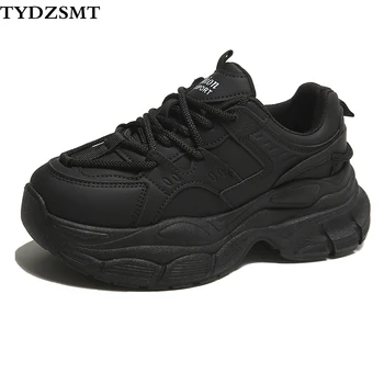 TYDZSMT/ массивные кроссовки, женские дышащие кроссовки на платформе со шнуровкой, Повседневная спортивная обувь для девочек, черная обувь для ходьбы, обувь на толстой подошве из искусственной кожи
