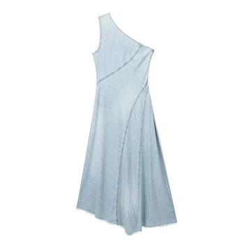 YENKYE 2023 Женское Винтажное Светло-голубое Асимметричное джинсовое платье, сексуальные женские длинные платья без рукавов с потертым подолом.