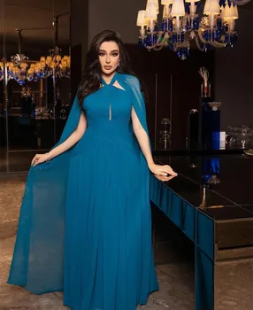 Винтажные Длинные синие шифоновые вечерние платья на бретелях трапециевидной формы длиной до пола, плиссированное платье на молнии Abendkleid для женщин