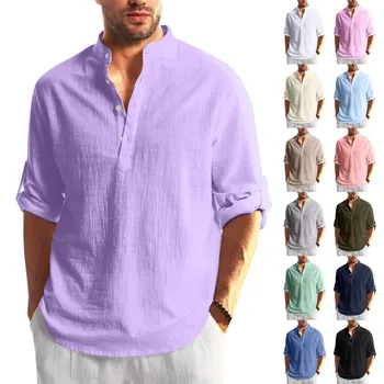 Винтажные рубашки для мужчин, Летние повседневные хлопчатобумажные льняные однотонные свободные рубашки с длинным рукавом, блузки, повседневные красивые мужские рубашки