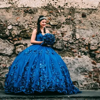 Голубые Пышные Платья с Пайетками Sweet 16 Quinceanera с 3DFlower Аппликацией из Бисера Корсетное Платье Vestidos De 15 Anos Masquerade xv Dres