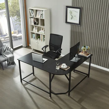 Деревянный игровой стол L-образной формы, угловой компьютерный стол, компьютерный стол для домашнего офиса, черное массивное дерево [на складе в США]