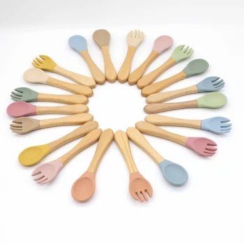 Детская вилка-ложка с силиконовой деревянной ручкой, посуда для кормления детей, детская вилка-ложка, посуда