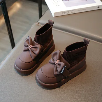 Детская обувь для девочки, Новые детские ботинки-носочки для девочек, милые дизайнерские ботинки принцессы с галстуком-бабочкой, детские осенние кожаные ботинки
