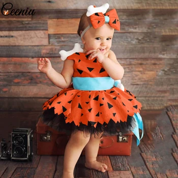 Детские платья Ceeniu для Хэллоуина от 0 до 4 лет, оранжевое платье с открытыми плечами и повязкой на голову в виде скелета, детский костюм для Хэллоуина для малышей