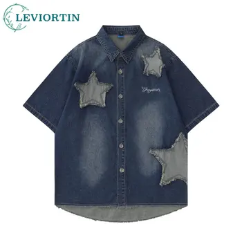 Джинсовая рубашка в стиле хип-хоп Y2K Harajuku с ретро вышивкой в виде звезды, джинсовые рубашки на пуговицах с коротким рукавом, уличная летняя мода, Свободные топы