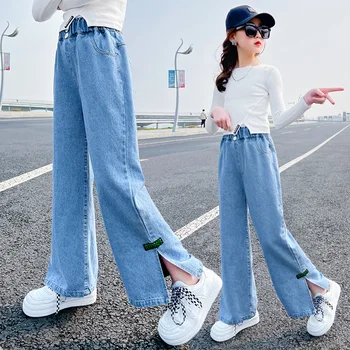 Джинсы с высокой талией, мешковатые джинсы для девочек, прямые свободные широкие брюки, весенне-осенние модные джинсовые брюки в корейском стиле