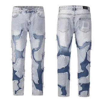 Джинсы со старыми заплатками, необработанный край, прямые джинсы в стиле хип-хоп, американский стиль, уличная атмосфера, свободные брюки для улицы, мужские