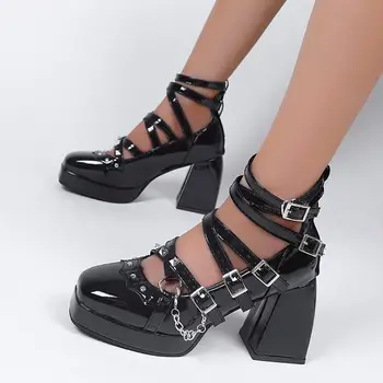 Женская обувь в стиле Панк-готика, Черные туфли в стиле Лолиты, 2023, Осенние Женские туфли-лодочки на платформе и высоком каблуке, Большие Размеры 43, Ремешки на щиколотках, Обувь Y2K