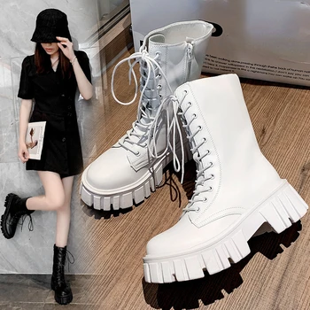 Женские ботильоны из белой искусственной кожи, модные женские ботинки на толстом каблуке со шнуровкой, осенне-зимние мотоциклетные ботинки на платформе 2023 года.