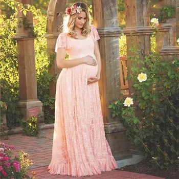 Женское кружевное платье для беременных с оборками, с короткими рукавами, длинное платье для фотосъемки, платье с развевающимися рукавами, платье для беременных одежда для беременных