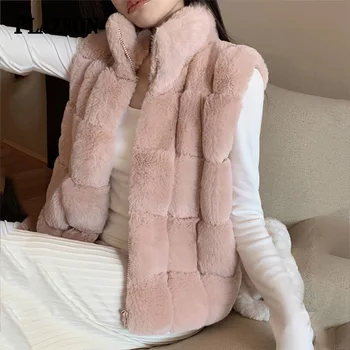 Женское пальто без рукавов из искусственного меха PLAZSON Block, Зимняя мода, Однотонный Воротник-стойка, Плюшевая куртка из искусственного меха Кролика, жилет, пальто