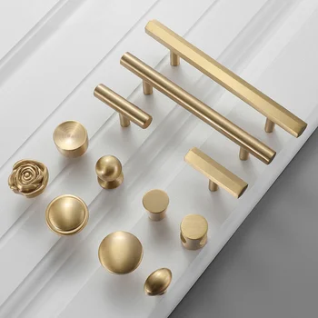 Золотые ручки для шкафов Современная простота, ручки для ящиков разных форм, Изящные медные ручки для мебели
