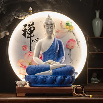 Китайский керамический светильник с орнаментом атагата, Круговая статуя сидящего Будды Санбао