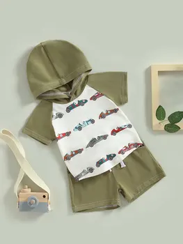 Комплект летней одежды для маленьких мальчиков, топы с капюшоном и короткими рукавами с принтом автомобиля и однотонные шорты, комплект из 2 предметов