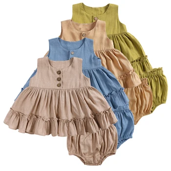 Комплекты детской одежды Летнее однотонное платье-шорты из 2 предметов, одежда для новорожденных девочек, детская одежда, милые наряды для младенцев