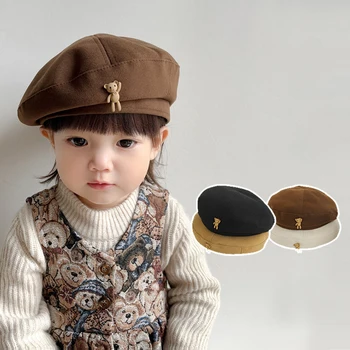 Корейская детская шапка-берет Осень-зима теплая шерстяная шапочка-бини для мальчика и девочки Ретро сплошной цвет Ins Медведь Детские шапки художника-маляра
