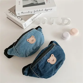 Корейская джинсовая детская повседневная сумка на одно плечо с мультяшным медведем, сумка через плечо для мальчиков и девочек, дорожный мини-рюкзак