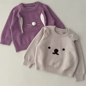Корейская осенняя новая Детская утепленная одежда, однотонные свитера с мультяшным медведем Для мальчиков, Теплый вязаный пуловер, повседневные топы для девочек, Детский трикотаж