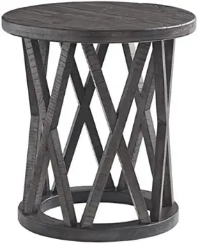 Круглый приставной столик в деревенском стиле из массива сосны, серый с выветрившимся покрытием
