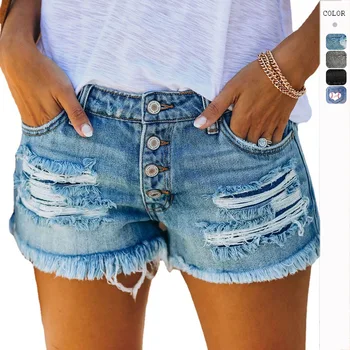 Летние короткие джинсы Женские джинсовые шорты с дырками Пуговицы Карманы уличной одежды Винтажные Сексуальные повседневные мини джинсовые шорты