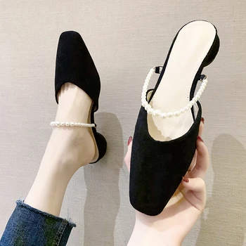 Летние Новые модные универсальные полуботинки Baotou 2023 для женщин в туфлях Muller на толстом каблуке с жемчужным острым носком